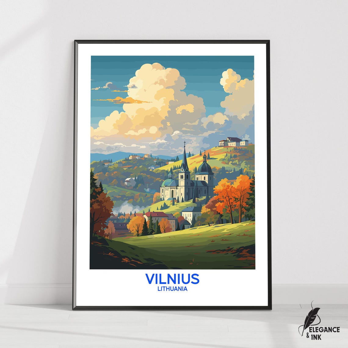 Vilnius Lithuania Vintage Travel Poster With Blue Title Text Bottom