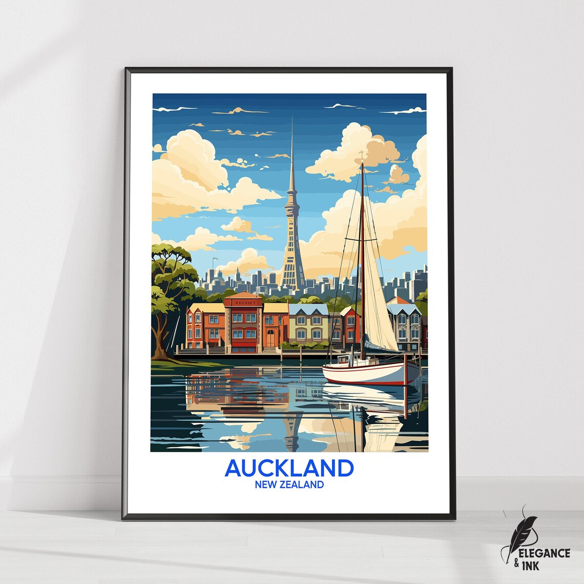 Auckland New Zealand Sky Tower Harbour Sailboat Travel Poster