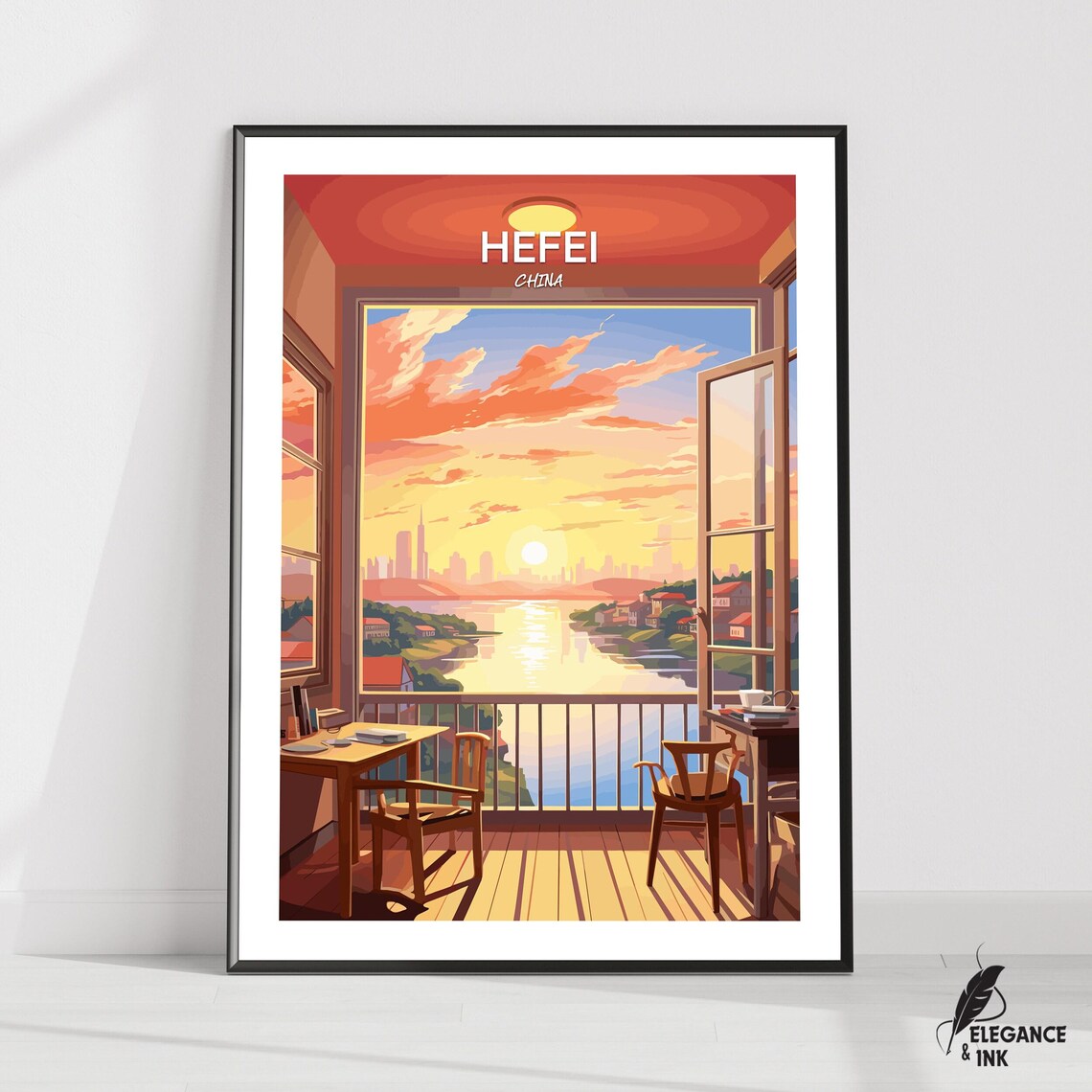 Hefei China Sunrise Balcony Lake Cityscape View Travel Poster