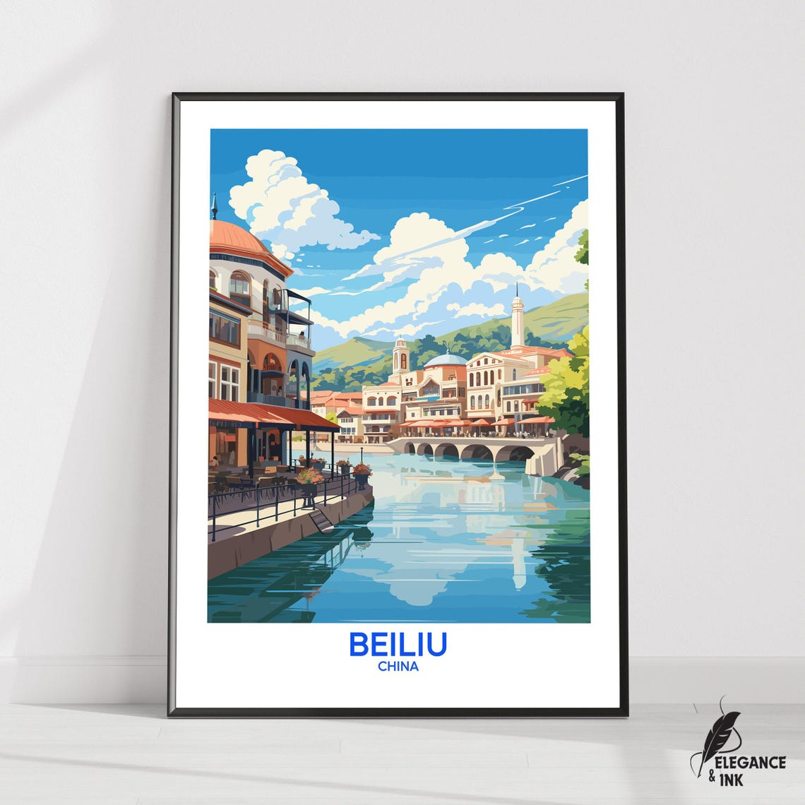 Beiliu China Riverside Town Illustration Poster with Bridge View