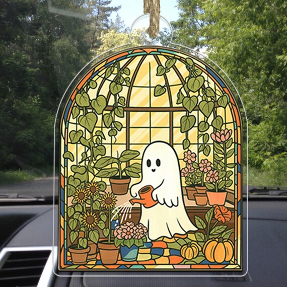 Cute Ghost Greenhouse Stained Glass Style Halloween Car Ornament Poster