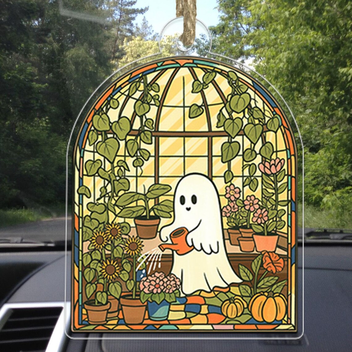 Cute Ghost Greenhouse Stained Glass Style Halloween Car Ornament Poster