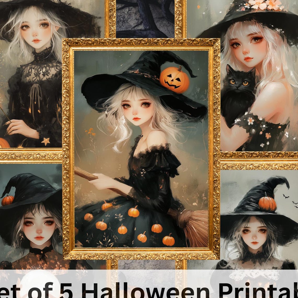 Set Of 5 Cute Halloween Witch Black Orange Oil Painting Style Print