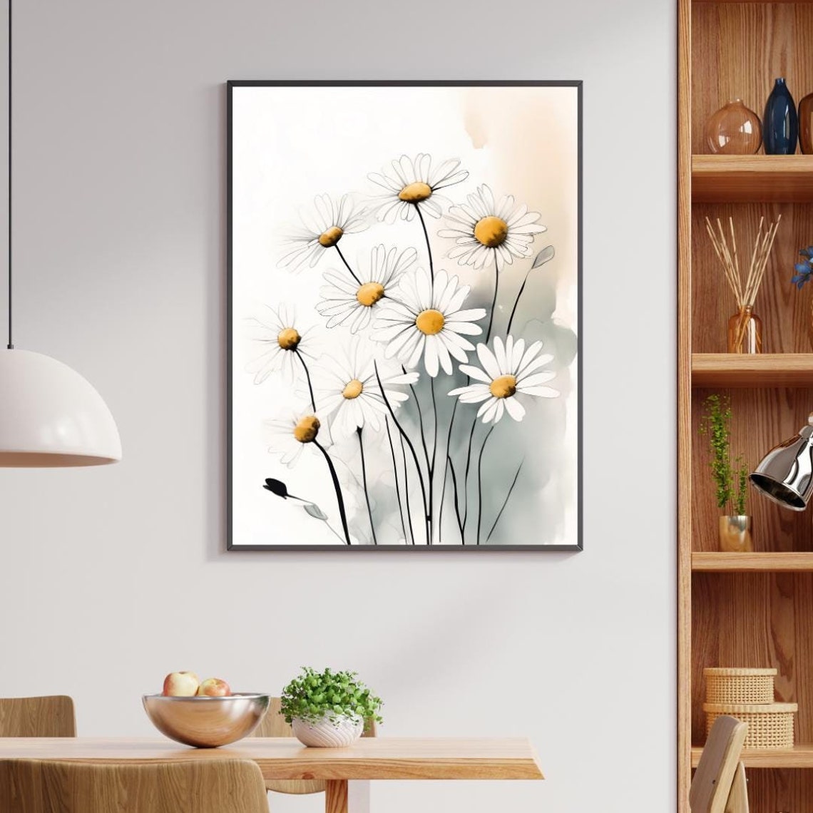 White Daisy Meadow Minimalist Botanical Watercolor Floral Wall Art - Image 2
