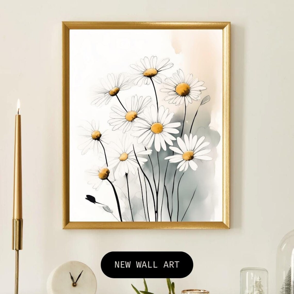 White Daisy Meadow Minimalist Botanical Watercolor Floral Wall Art - Image 4