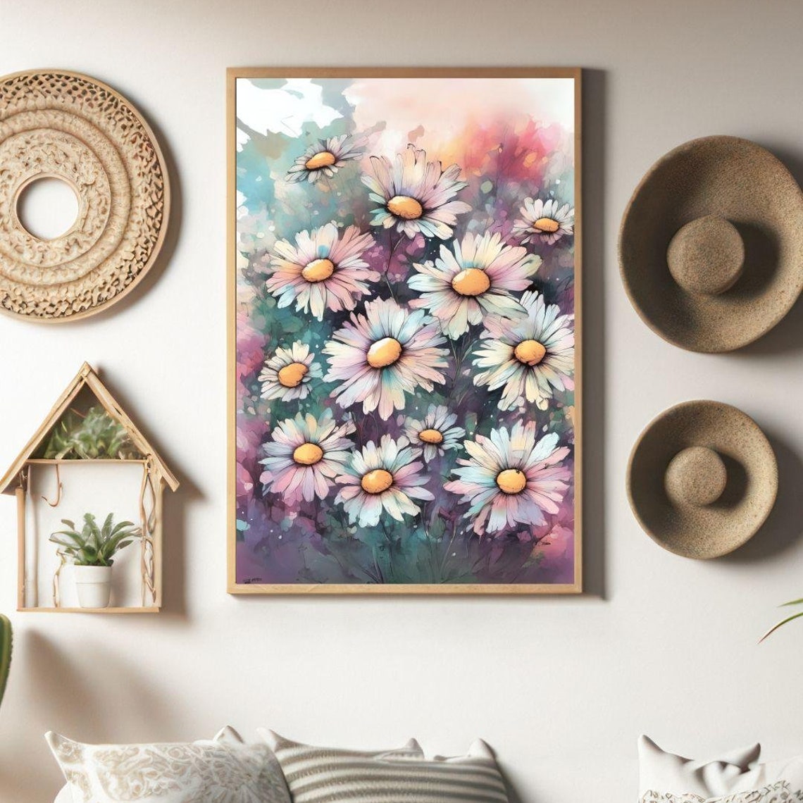 Pastel Daisy Field Watercolor Blooms Maximalist Floral Wall Art - Image 5