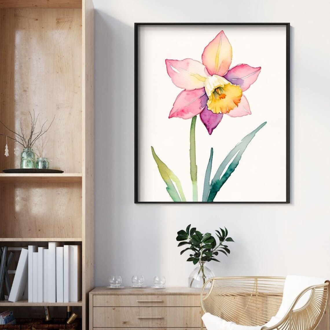 Pink Daffodil Watercolor Single Bloom Spring Minimalist Wall Art Print - Image 4
