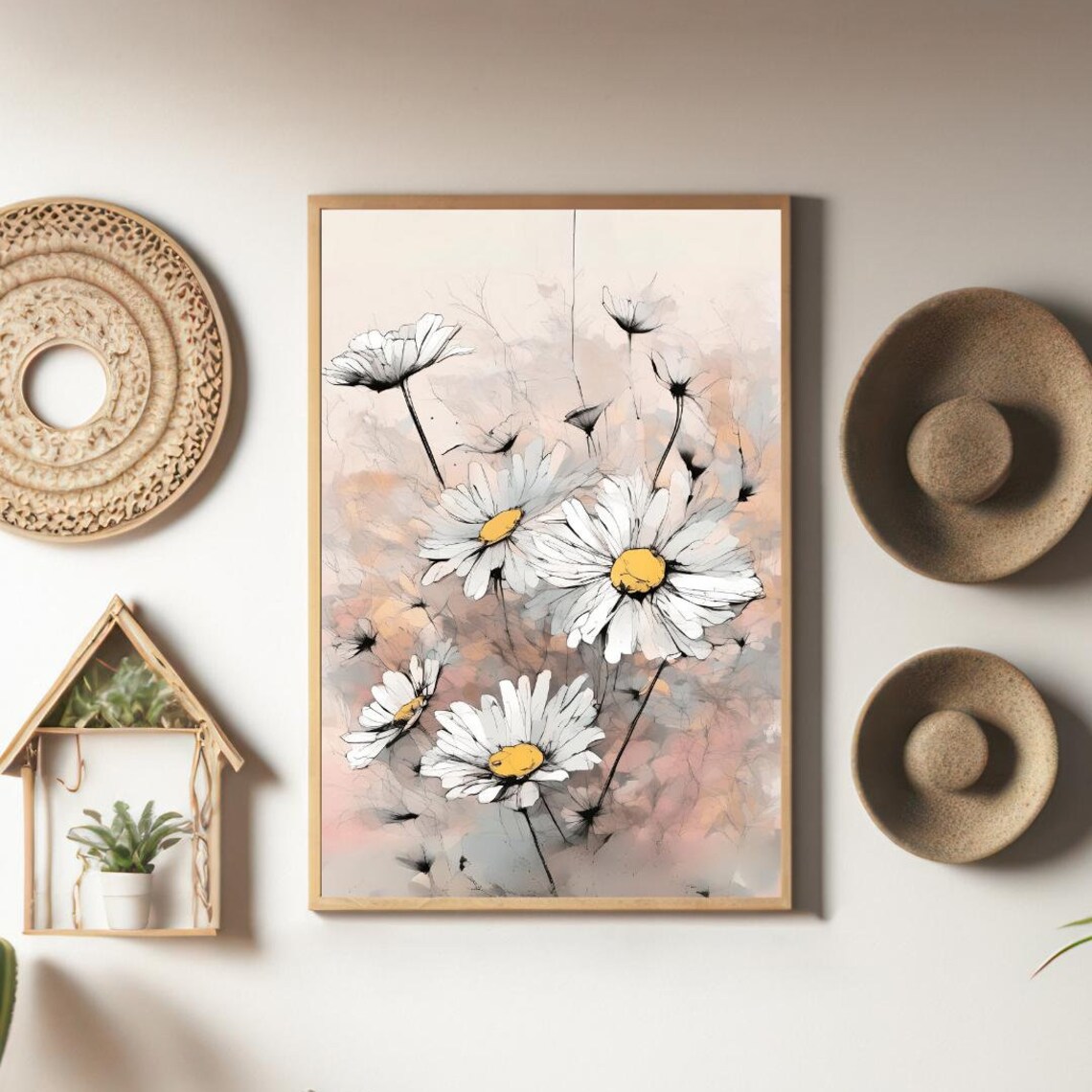 White Daisies Line Art Pink Watercolor Floral Spring Wall Art Print - Image 5