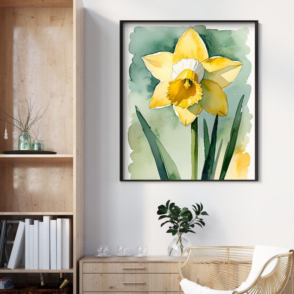 Yellow Daffodil Watercolor Spring Bloom Green Botanical Wall Art Print - Image 5
