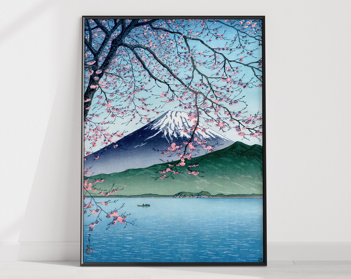 Mount Fuji Cherry Blossom Japanese Woodblock Lake View Poster - Image 3