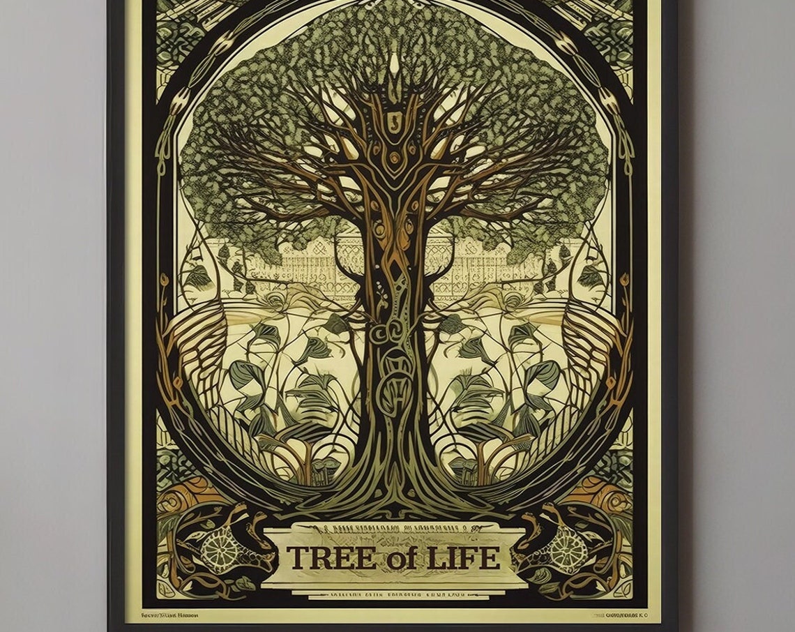 Tree of Life Art Nouveau Style Botanical Green and Gold Wall Art