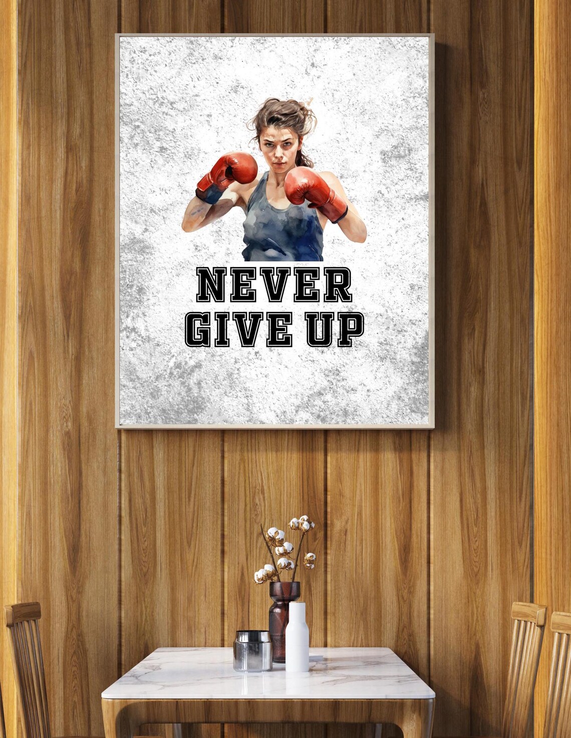 Never Give Up Woman Boxer Red Gloves Sports Motivational Print - Image 3