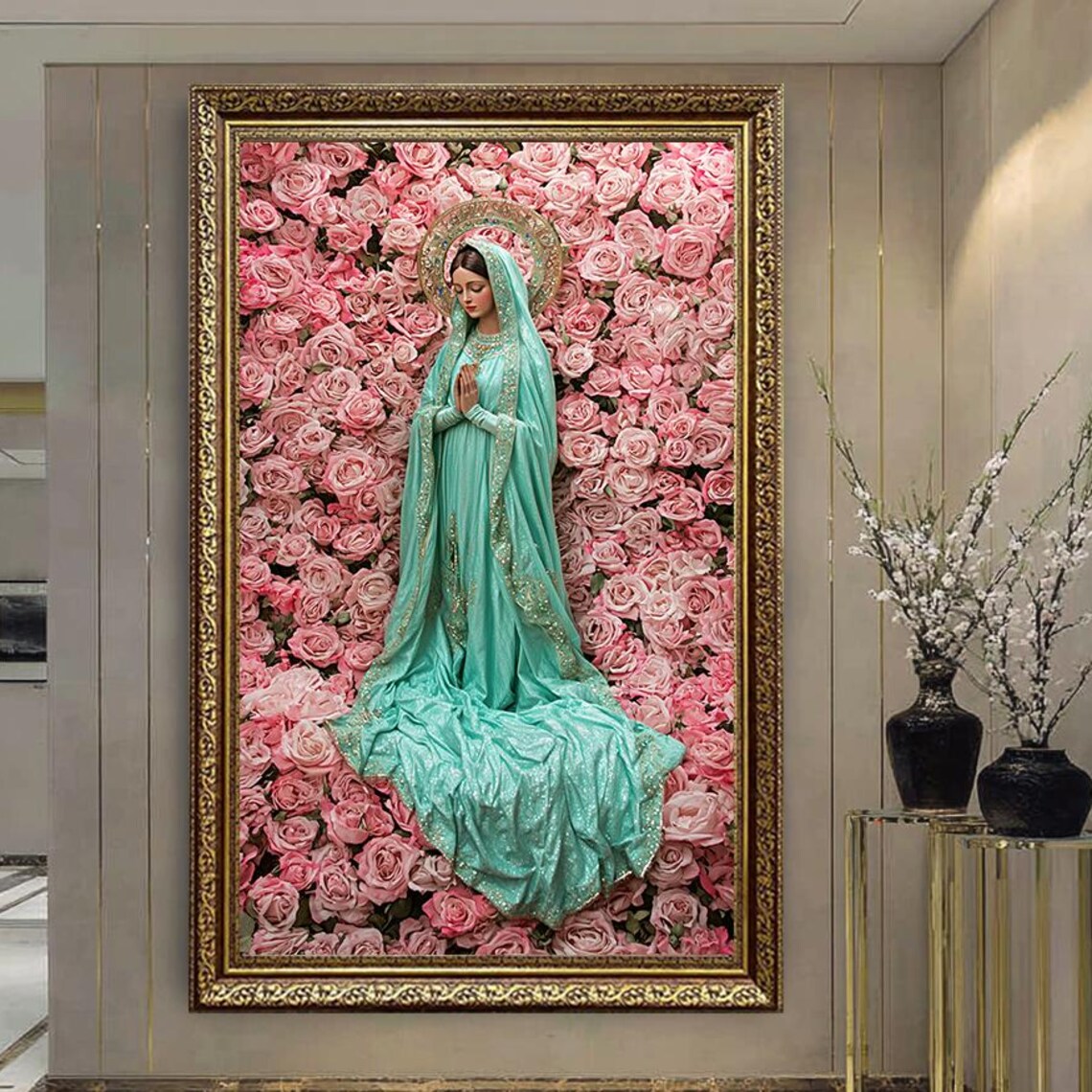 Virgin Mary Praying Pink Roses Turquoise Veil Religious Art Poster