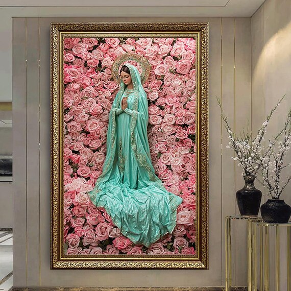 Virgin Mary Praying Pink Roses Turquoise Veil Religious Art Poster