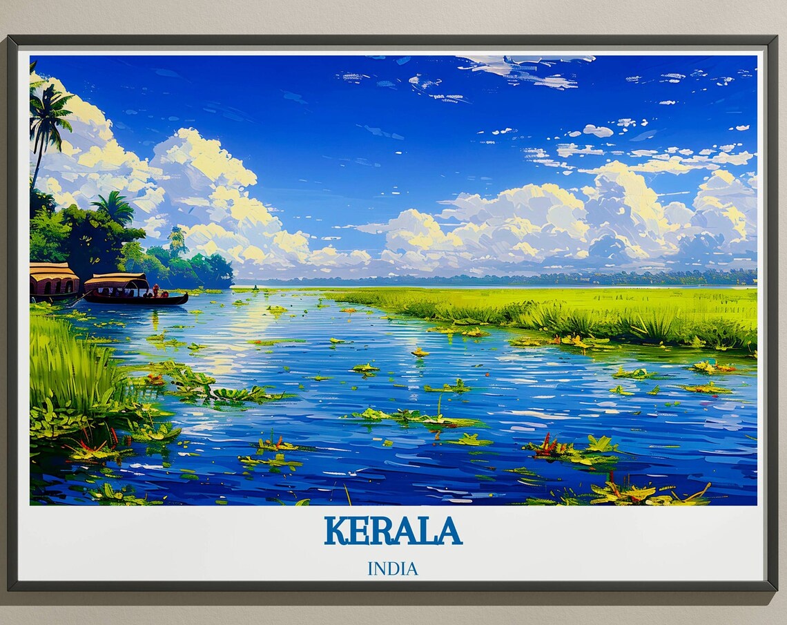 Kerala India Backwaters Houseboat Bright Blue Sky Travel Poster