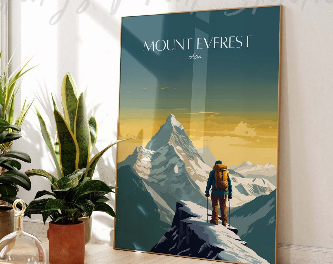 Mount Everest Asia Climber Snowy Peak Sunrise Vintage Travel Poster