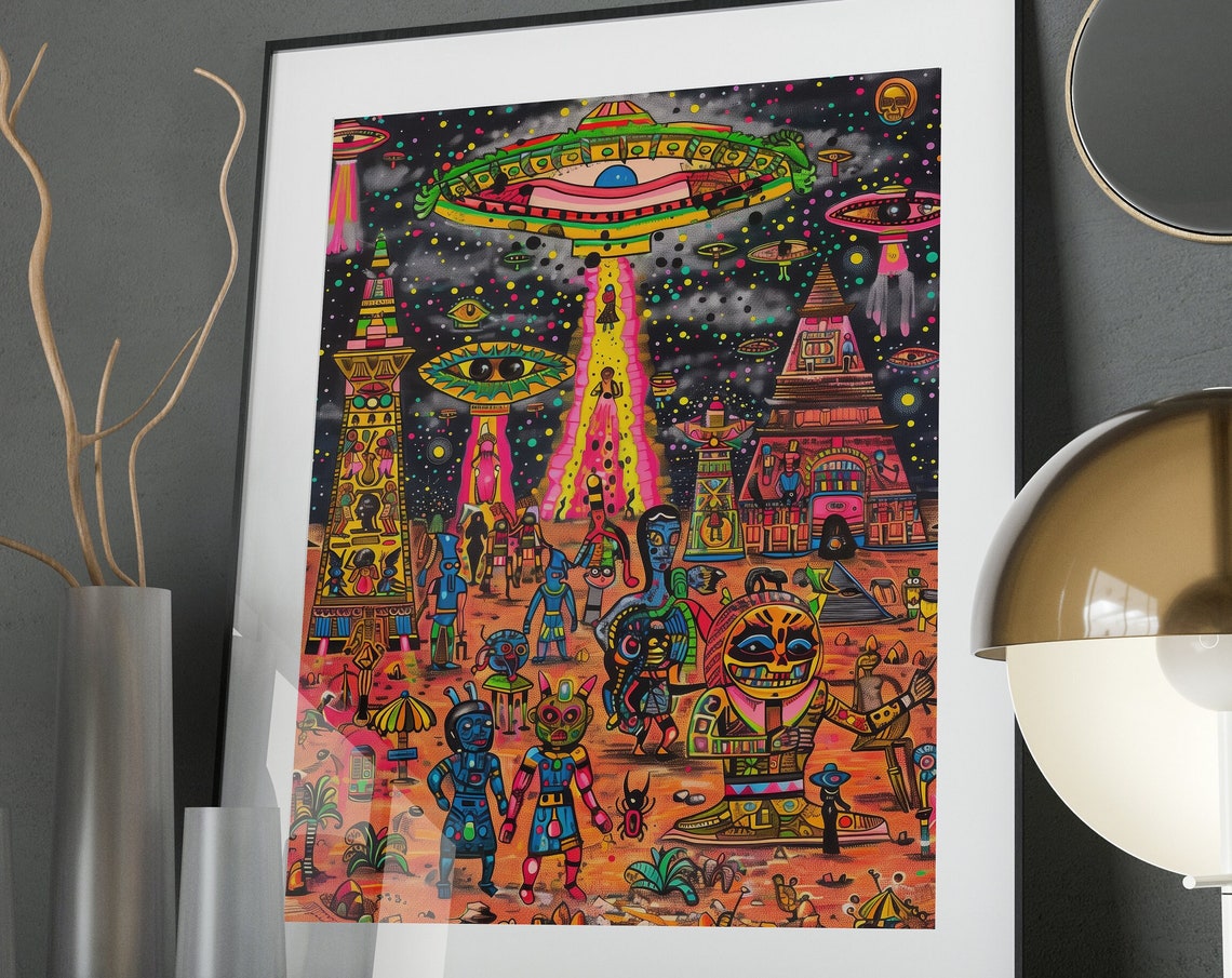 Surreal Alien Art Poster UFO Beams Vibrant Maximalist Color Scene