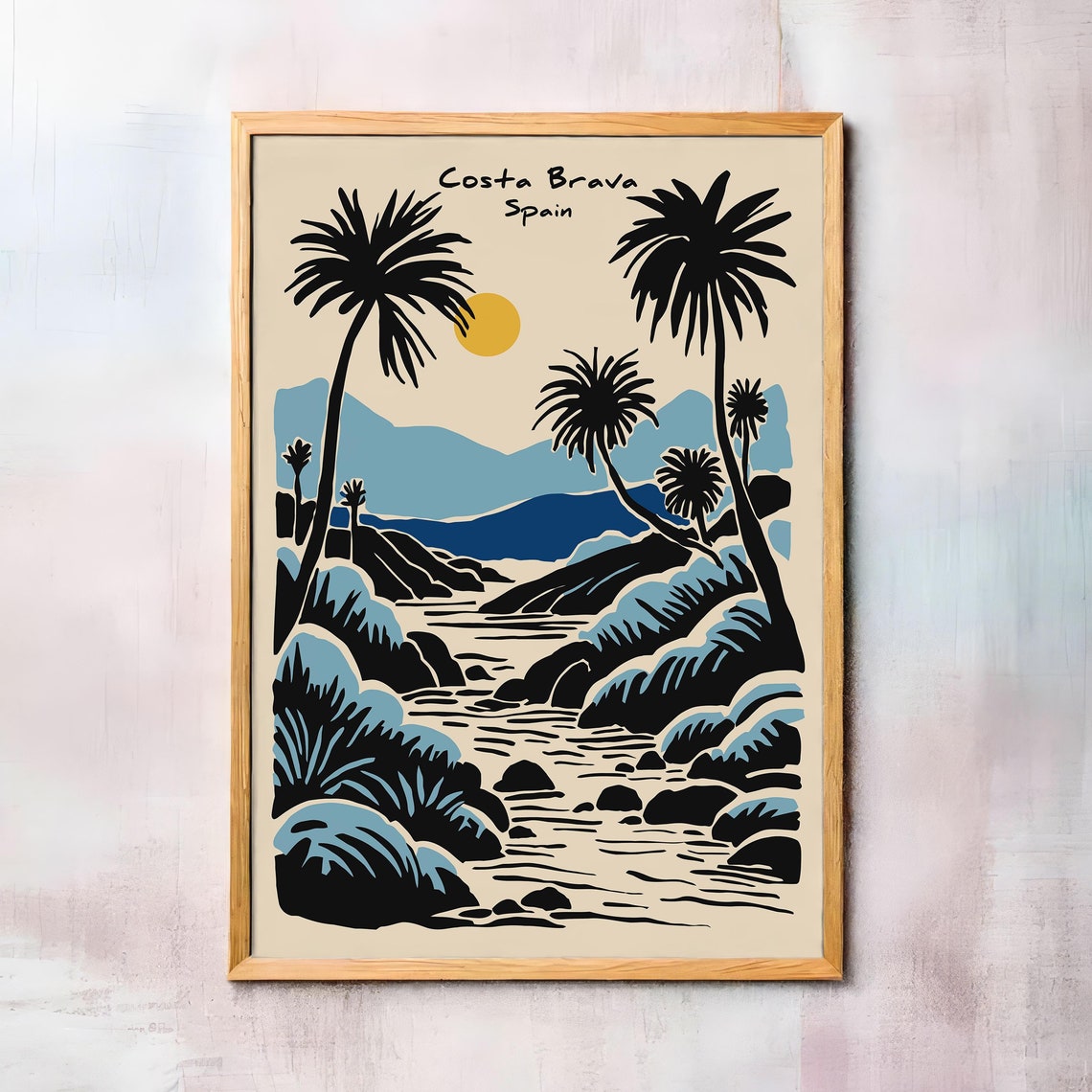 Costa Brava Spain Palm Cove Sunset Mountain Retro Travel Poster