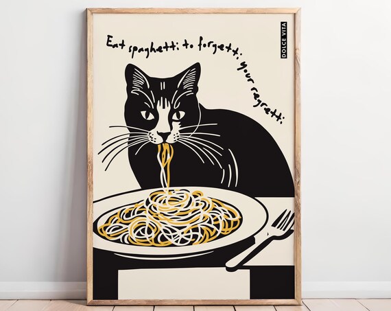 Black Cat Spaghetti Poster Dolce Vita Eat Spaghetti To Forget Regretti