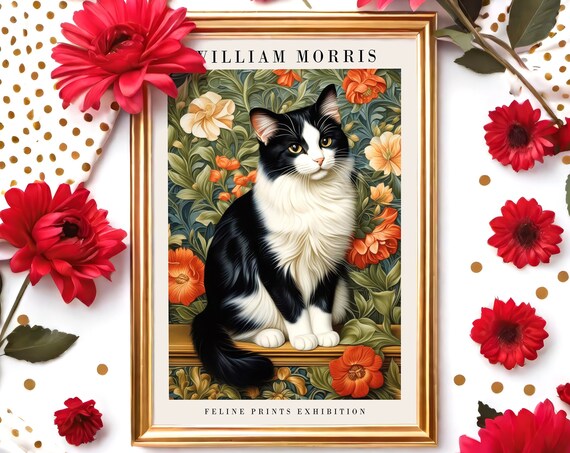 William Morris Feline Prints Exhibition Tuxedo Cat Art Poster
