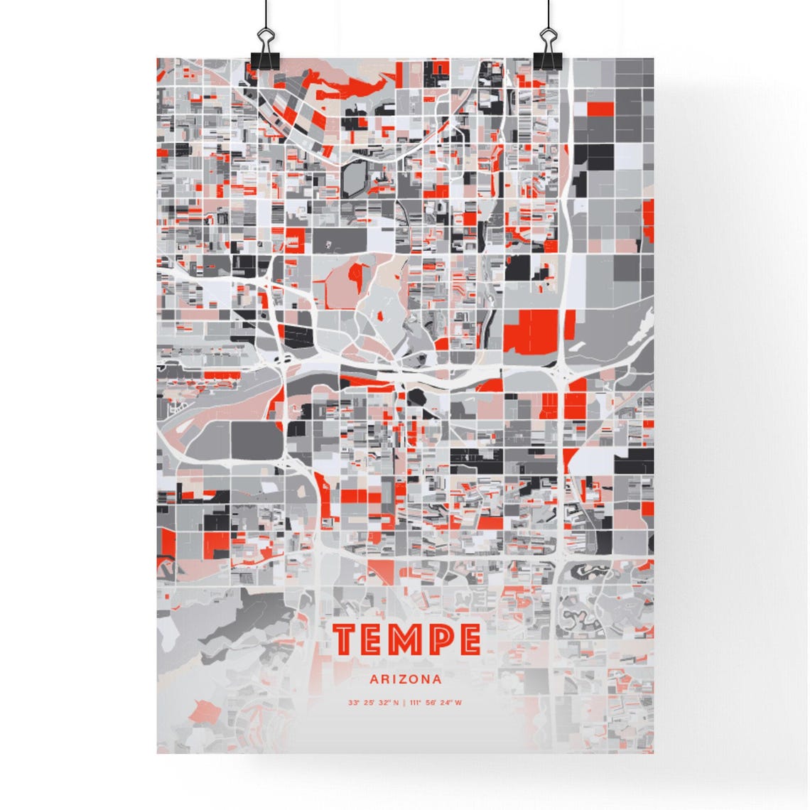 Tempe Arizona City Map Art Modern Red Gray Coordinate Poster - Image 3