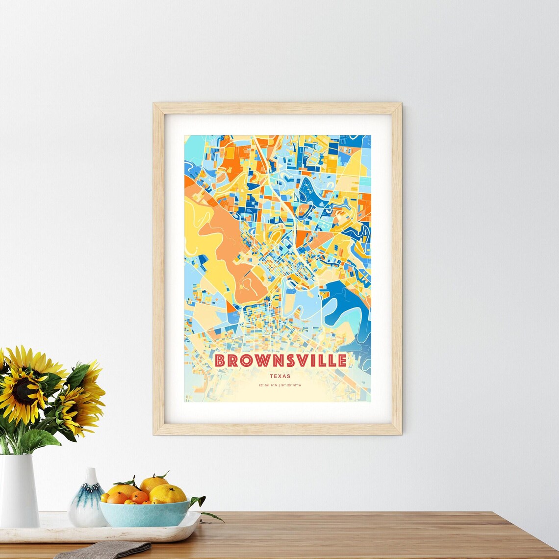 Brownsville Texas Colorful Vibrant Blue Orange City Map Art Poster - Image 2