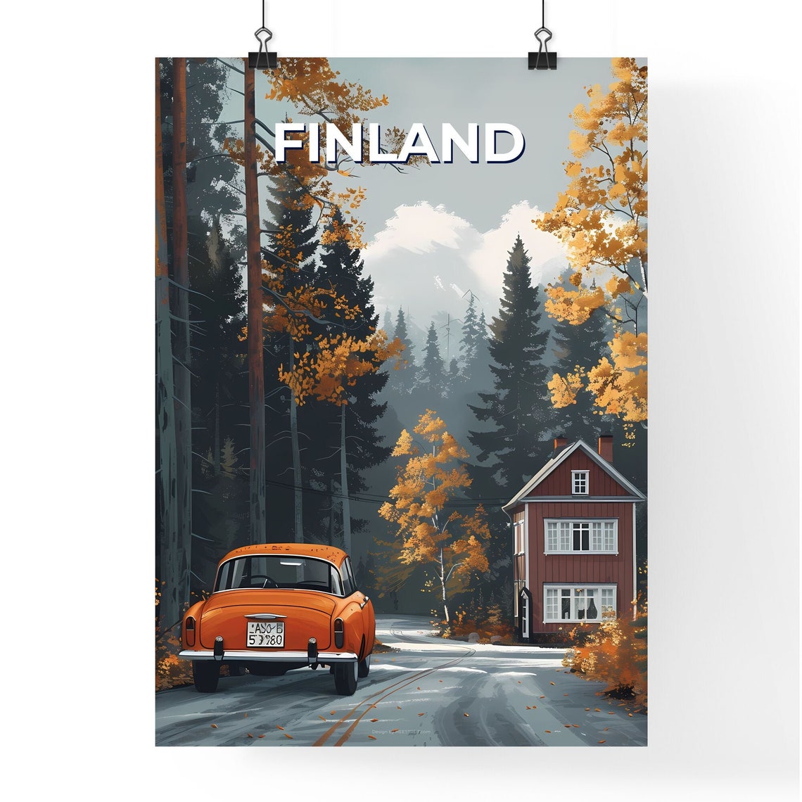 Finland Autumn Forest Road Orange Vintage Car Travel Art Poster - Image 4