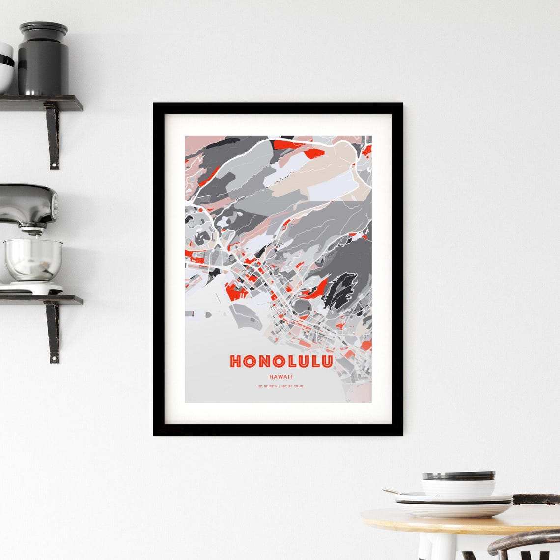 Honolulu Hawaii Expressive Red Bold Modern City Map Art Poster - Image 2