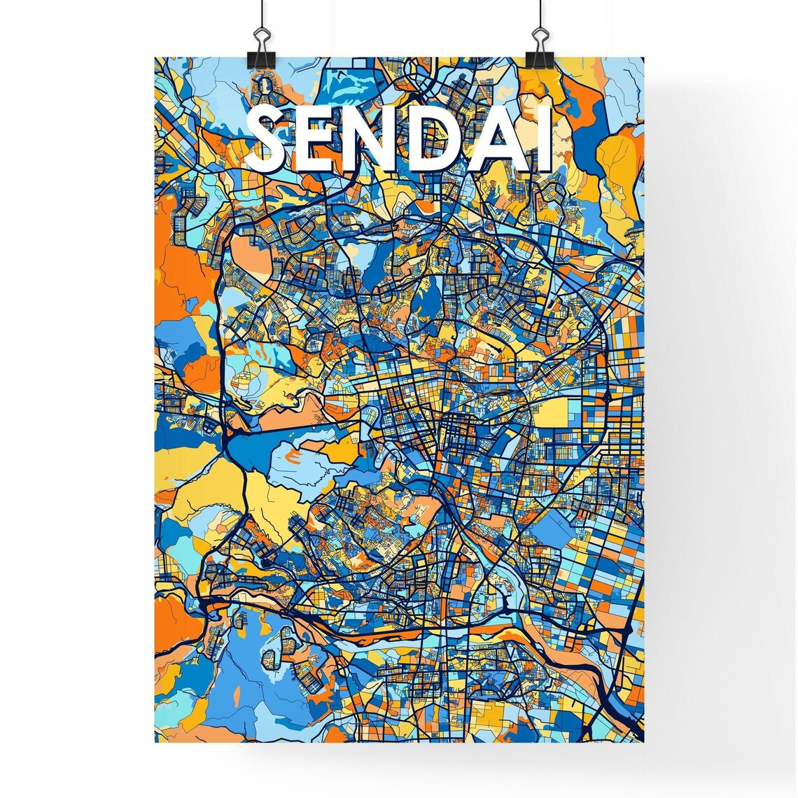 Sendai Japan Stylish Vibrant Blue and Orange Mosaic City Map Poster - Image 4