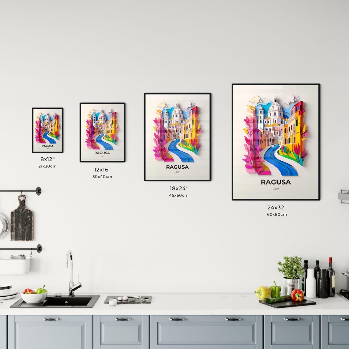 Ragusa Italy Colorful Paper Cut Cathedral Riverside Travel Poster - Image 3