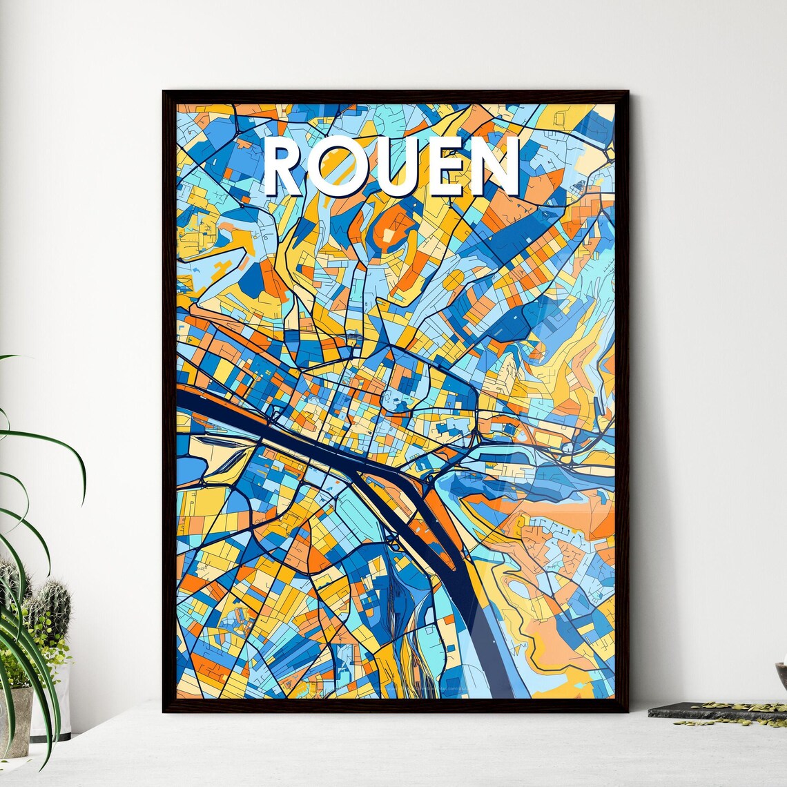 Rouen France Vibrant Geometric City Map Art Poster in Blue and Orange