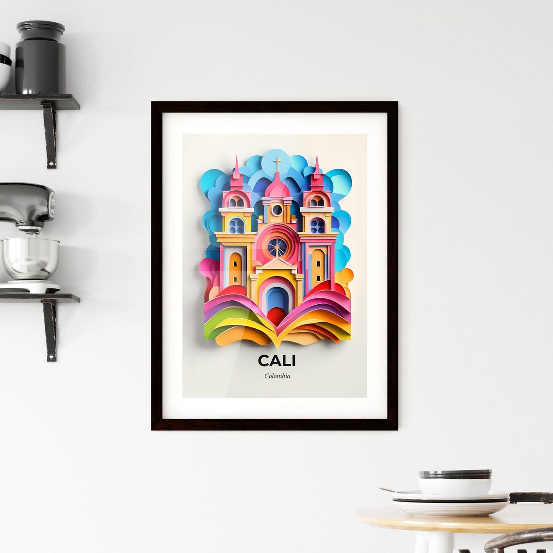 Vibrant Cali Colombia Cathedral Rainbow Papercut City Poster - Image 2