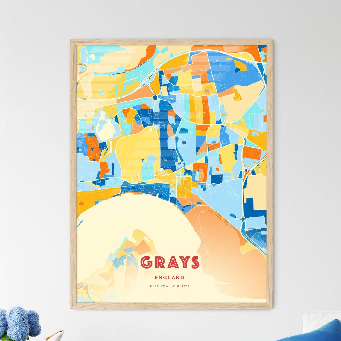 Grays England Colorful Blue Orange Map Art Poster Wall Decor