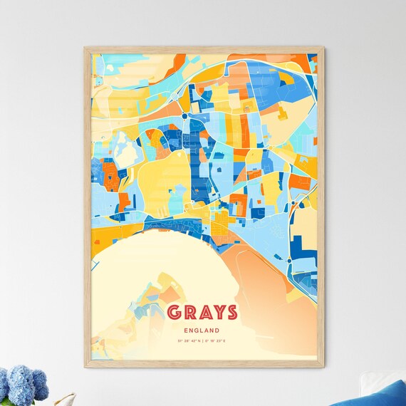 Grays England Colorful Blue Orange Map Art Poster Wall Decor