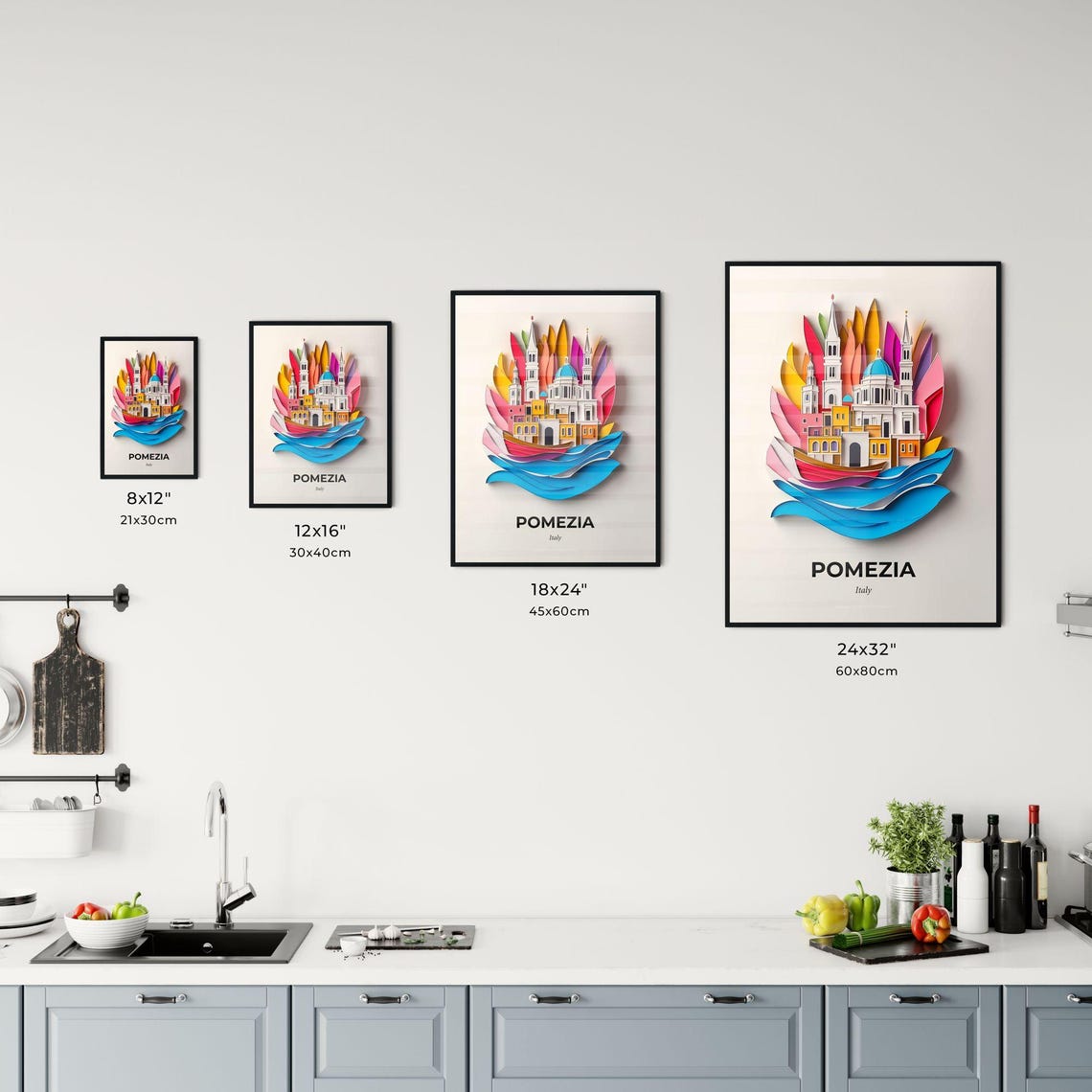Pomezia Italy Colorful Paper Cut Blue Dome Church Travel Poster - Image 3