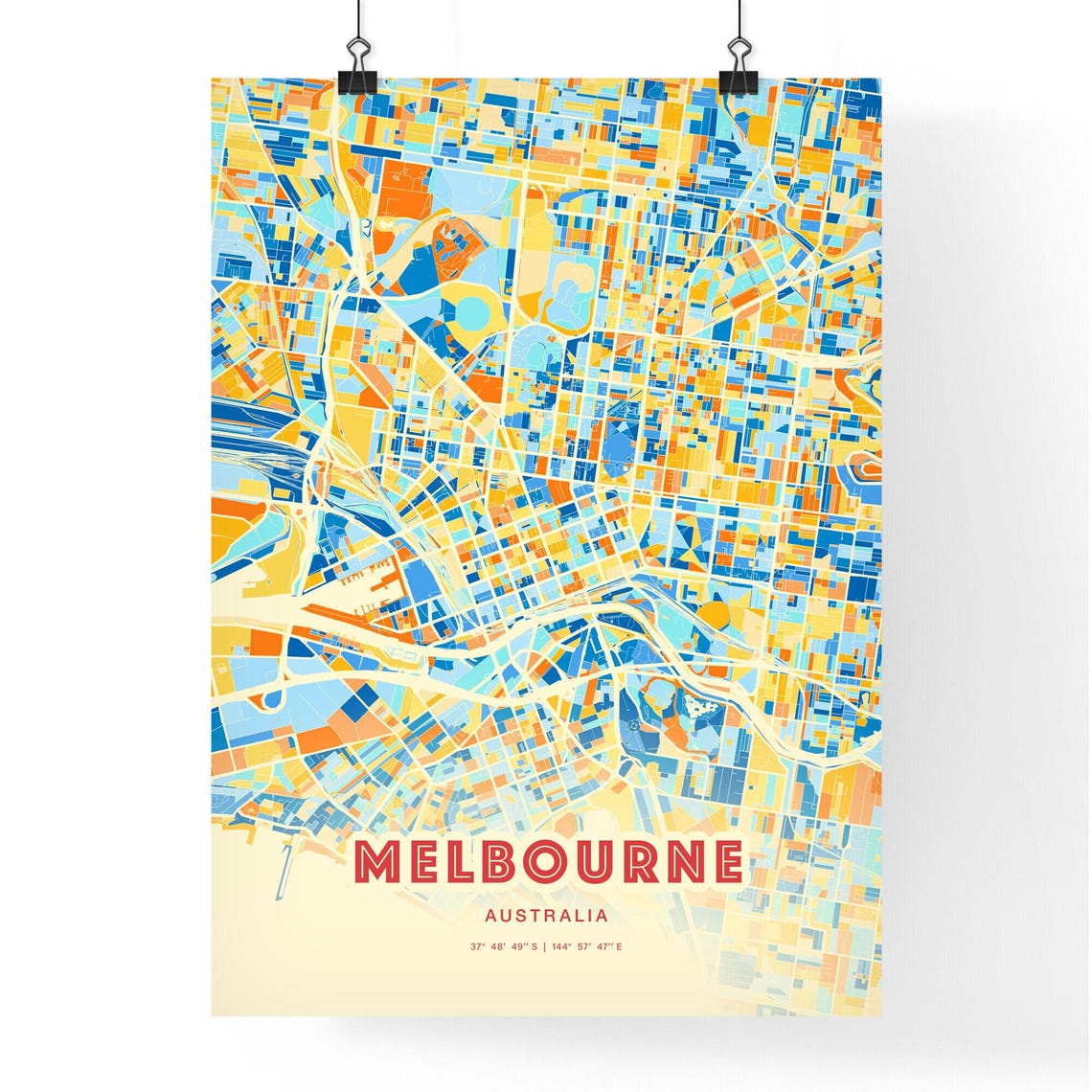Melbourne Australia Vibrant Blue Orange City Map Art Poster Decor - Image 3