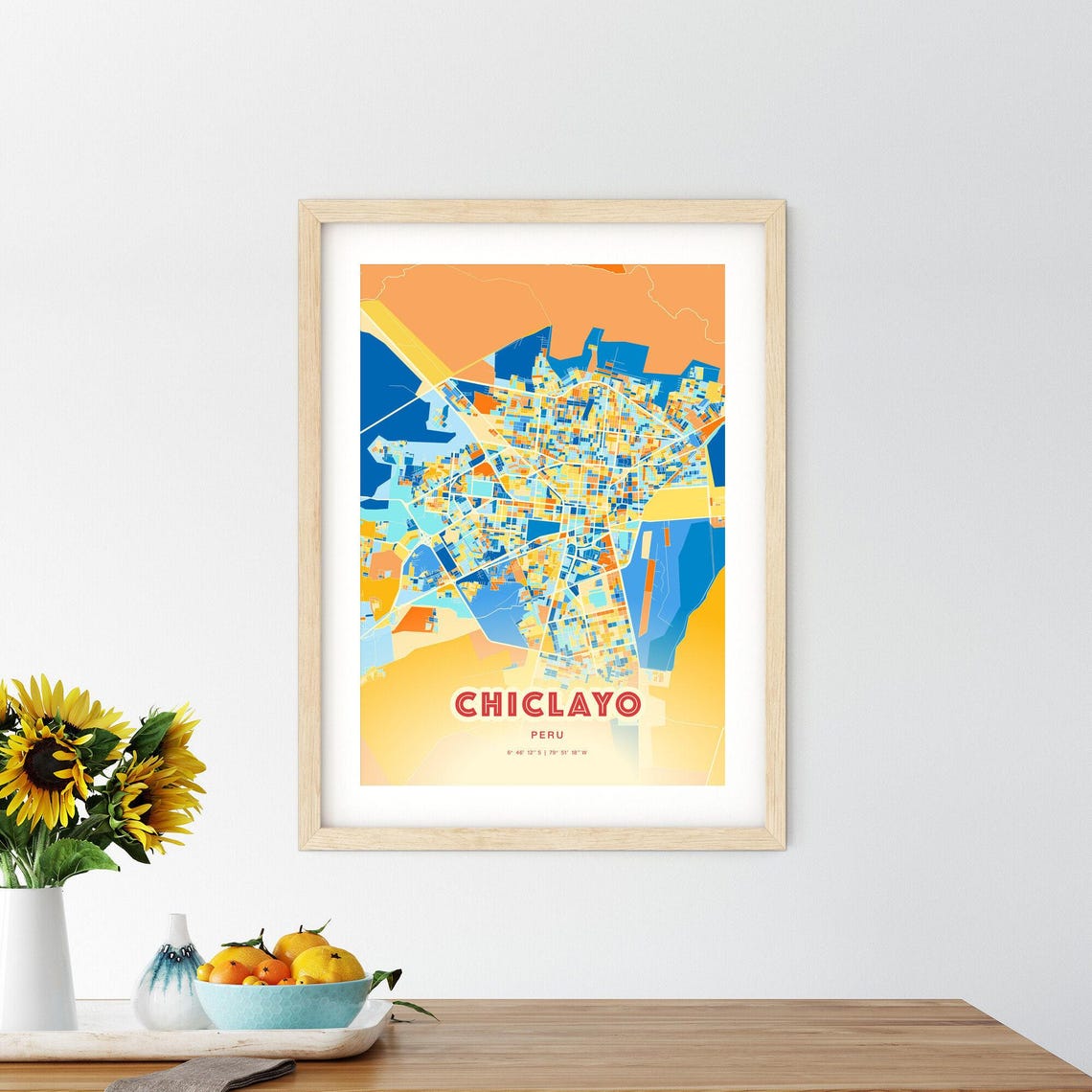 Chiclayo Peru Bold Vibrant Blue Orange Mosaic City Map Poster - Image 2