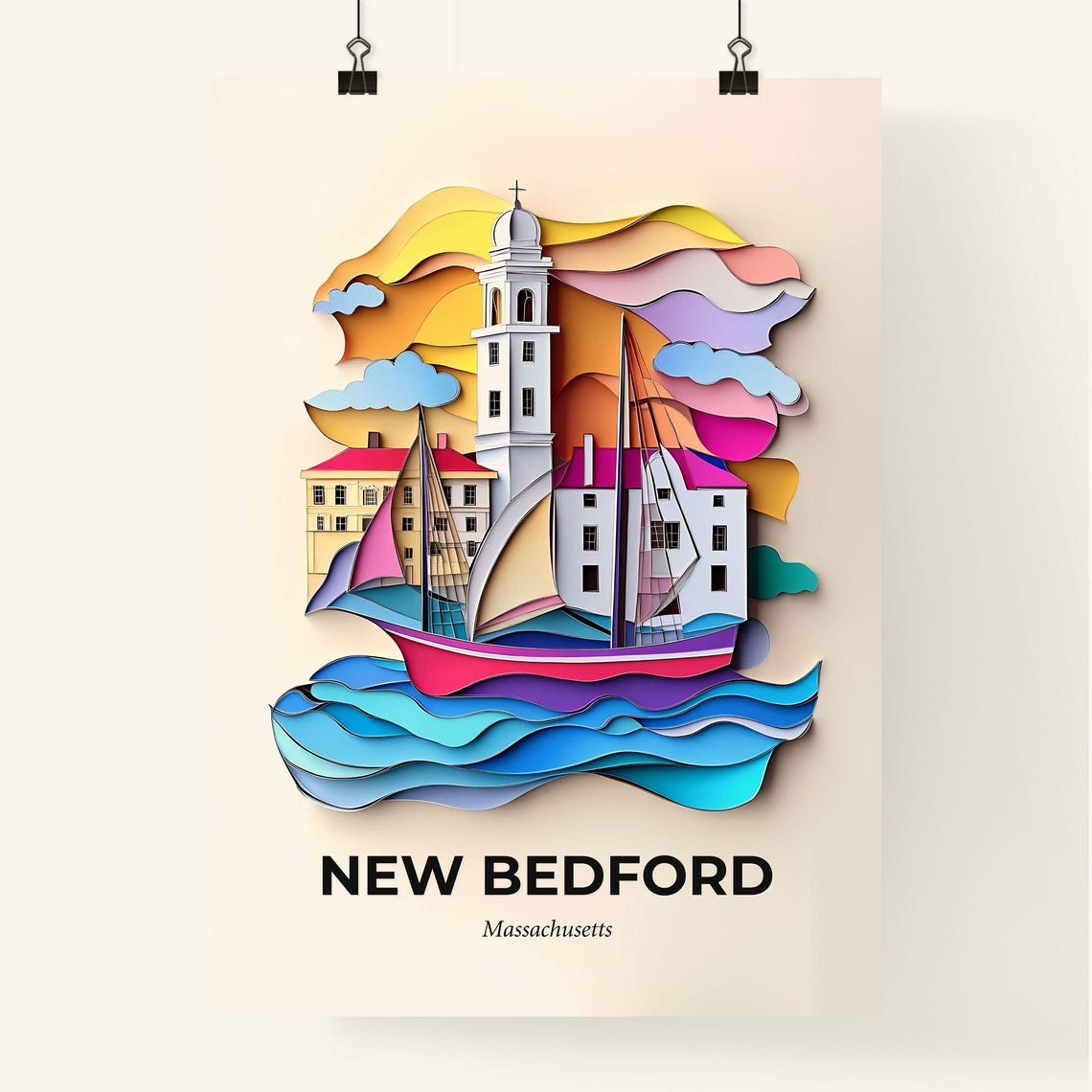 New Bedford Massachusetts Sunset Sailboat Papercut Art Poster - Image 4