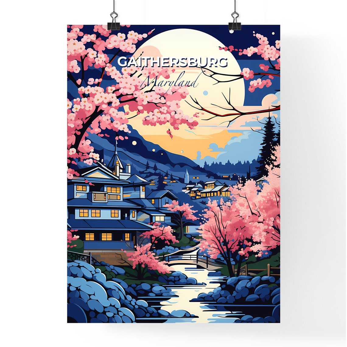 Gaithersburg Maryland Moonlit Village Cherry Blossom Stream Poster - Image 4