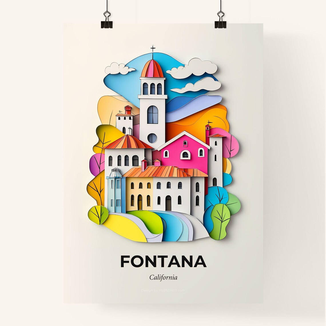 Fontana California Colorful Paper Cut Church and Clouds Poster - Image 4