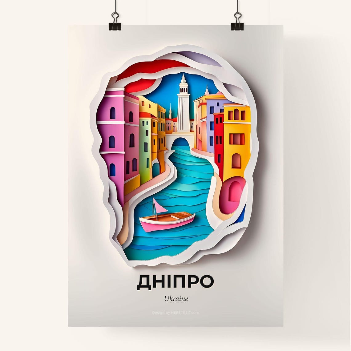 Dnipro Ukraine Vibrant Colorful Canal Boat Paper Cut Travel Poster - Image 4