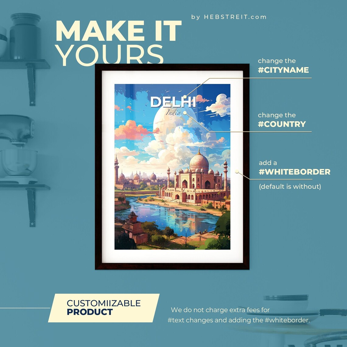 Delhi India Travel Poster Golden Domed Monument River Sunset Illustration - Image 2