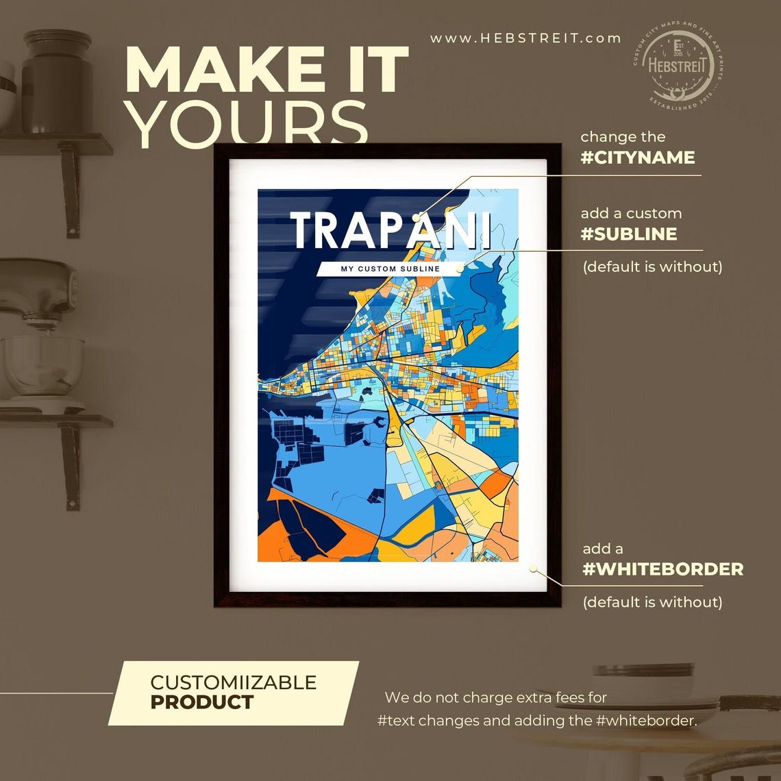 Trapani Italy Bold Colorful City Map Artwork Travel Wall Decor Poster - Image 2