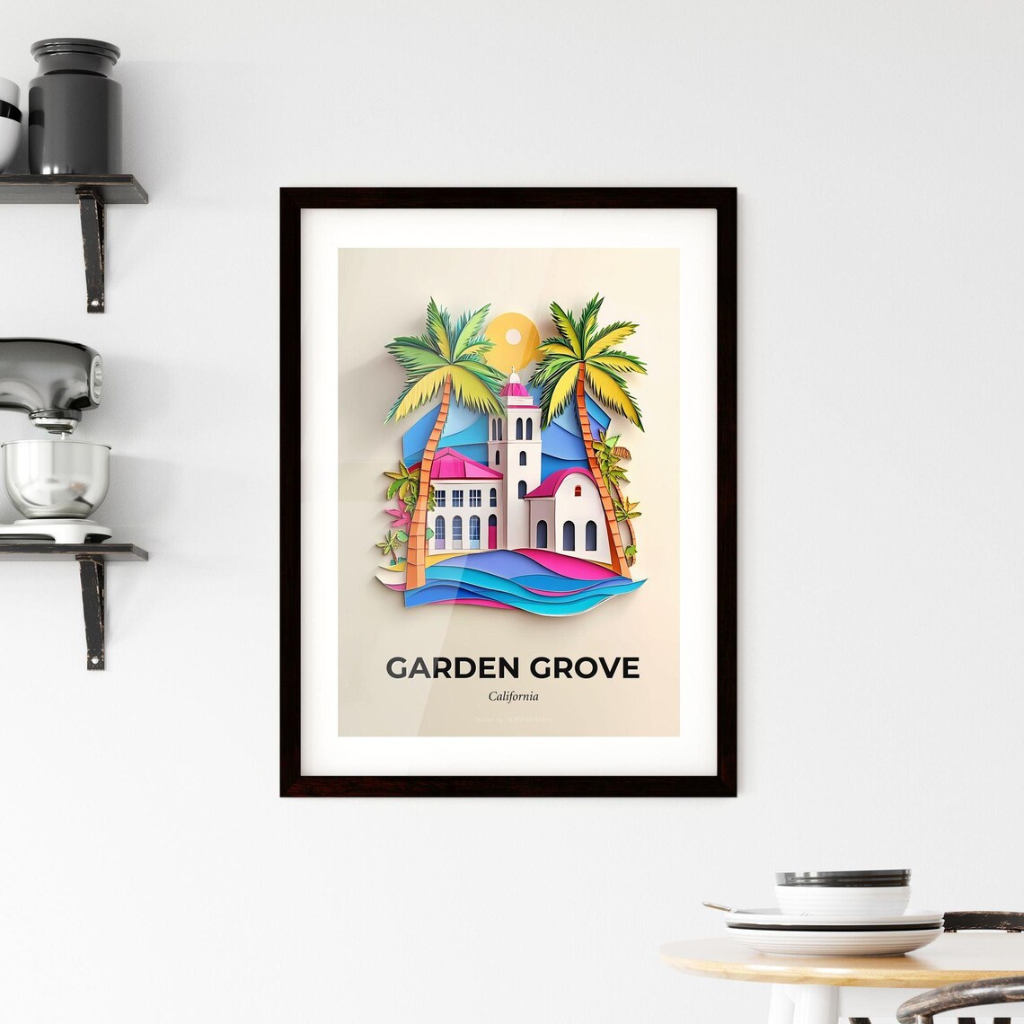 Garden Grove California Mission Church Palms Paper Cut Art Poster - Image 2