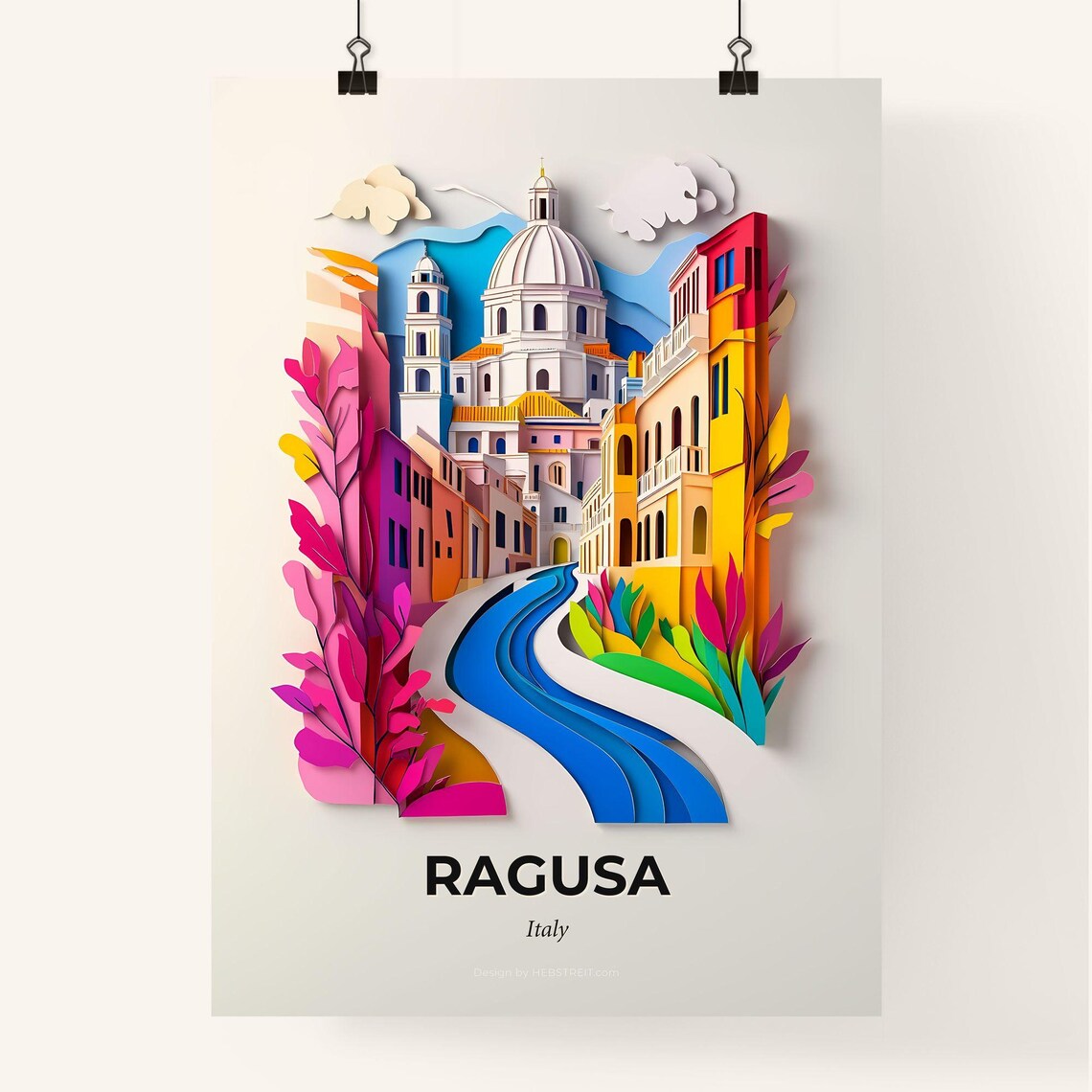 Ragusa Italy Colorful Paper Cut Cathedral Riverside Travel Poster - Image 4