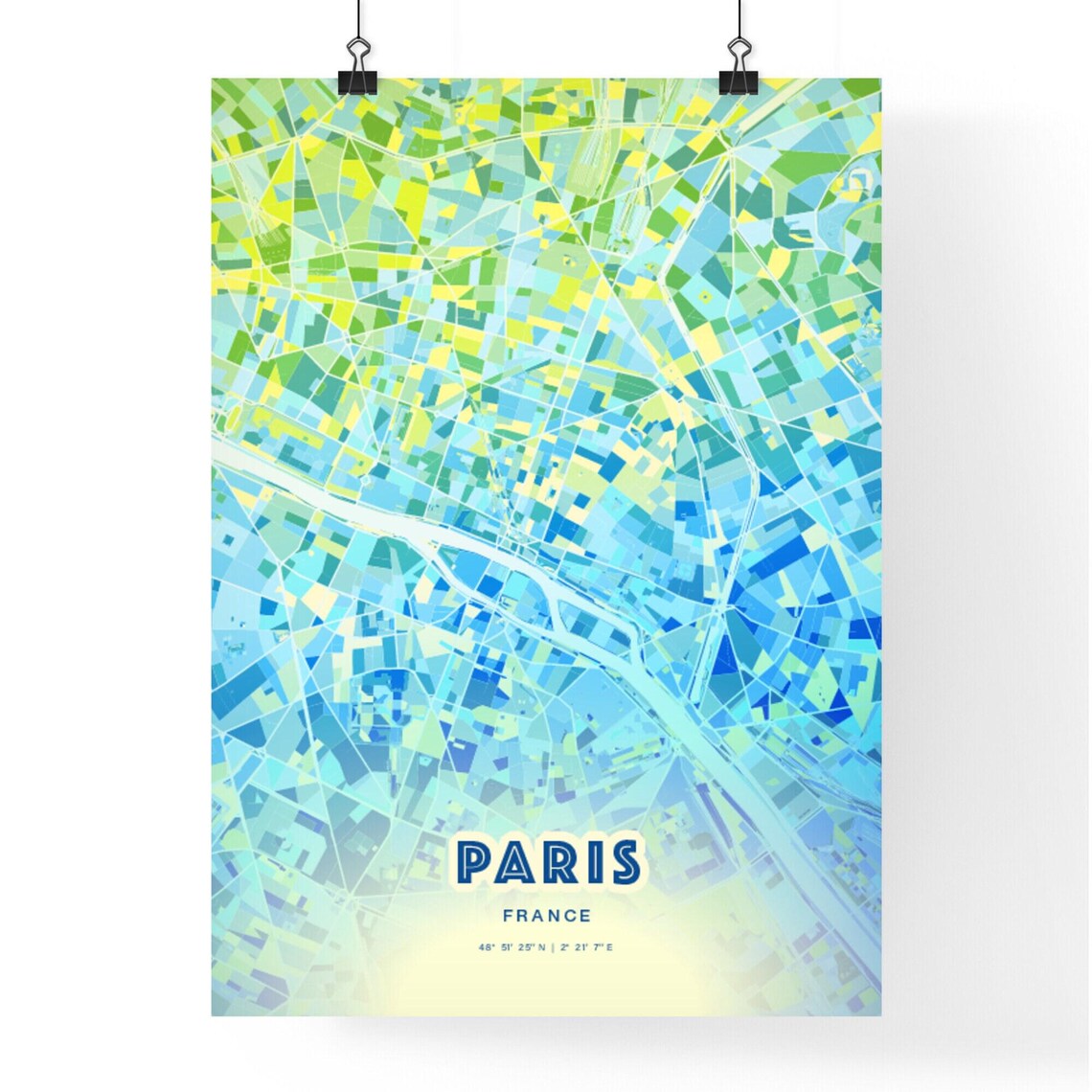 Paris France Famous Colorful Modern Bluish City Map Art Poster - Image 2