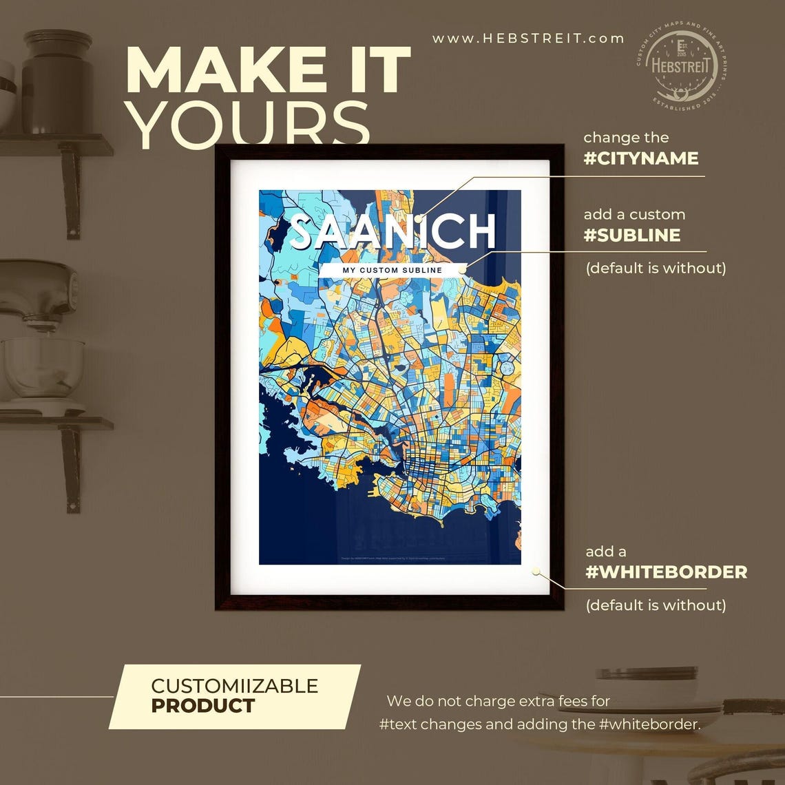 Saanich Canada Bold City Map Art Poster in Navy Orange and Yellow - Image 2