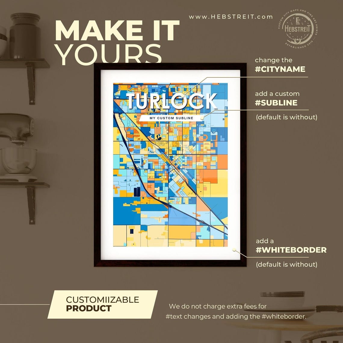 Turlock California City Map Poster Colorful Modern Wall Decor Art - Image 2