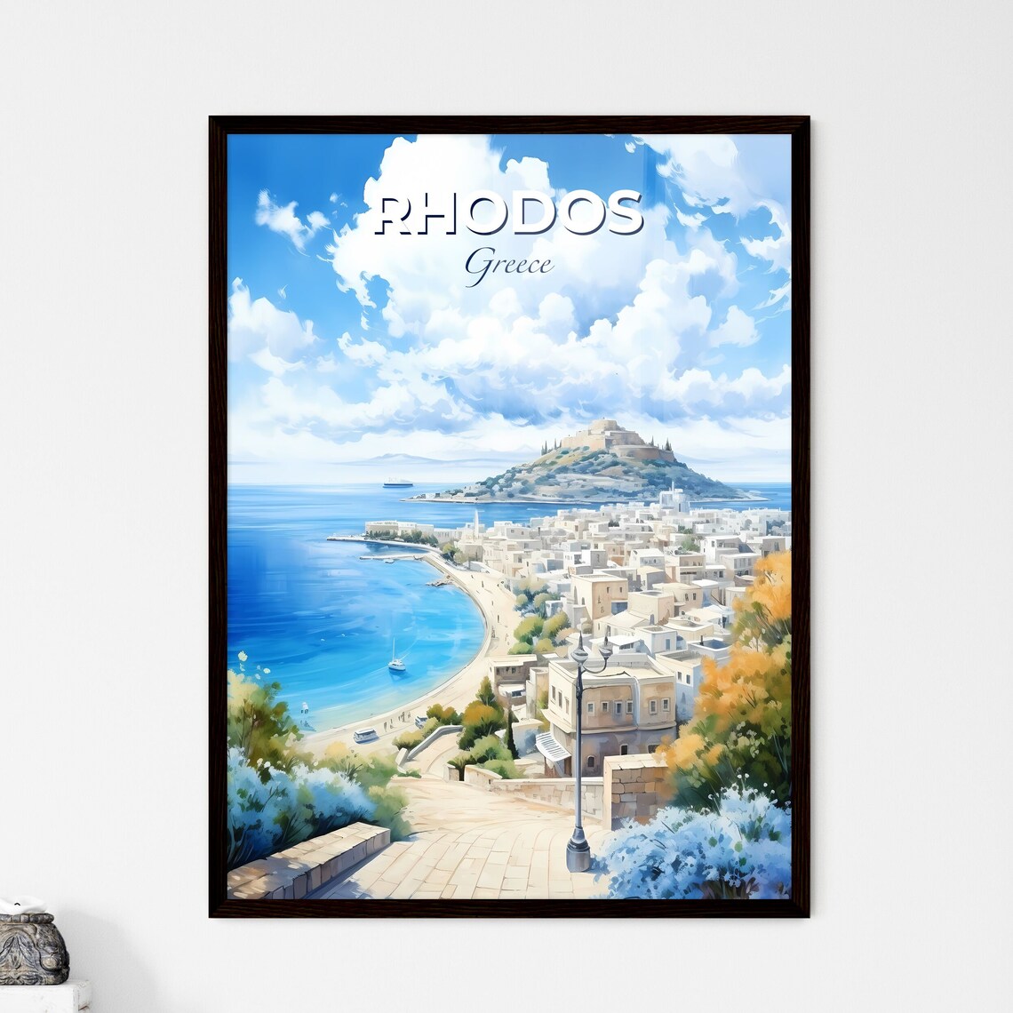 Rhodos Greece Watercolor Bay with the Whitewashed Old Town Poster