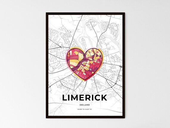 Limerick Ireland Minimalist Line Art Heart Shaped City Map Poster